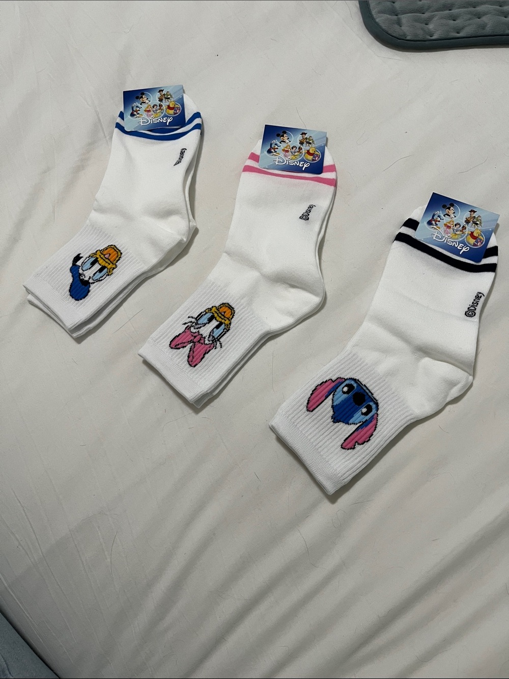 Disney White Crew Socks with Blue, Pink and Black Trim and Character Embroidery